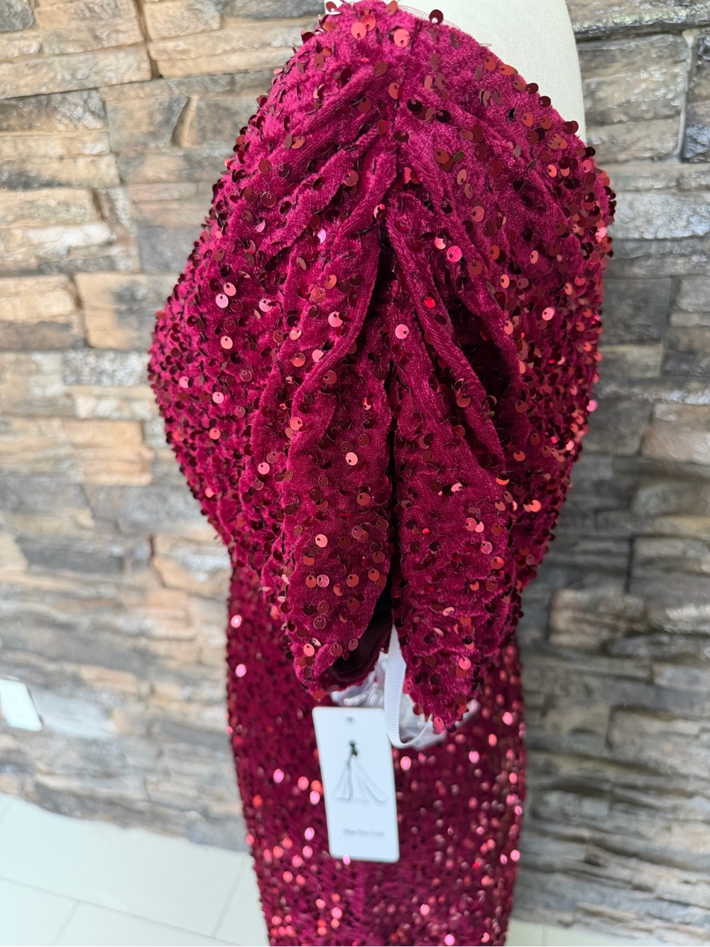 Elegant Sequin Off-Shoulder Evening Gown - Burgundy - Picture 4 of 11